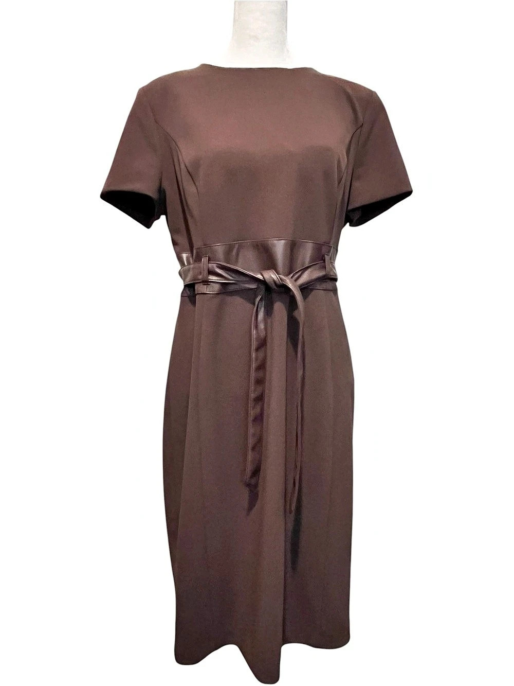 Calvin Klein Faux-Leather Tie Waist Sheath Dress Brown